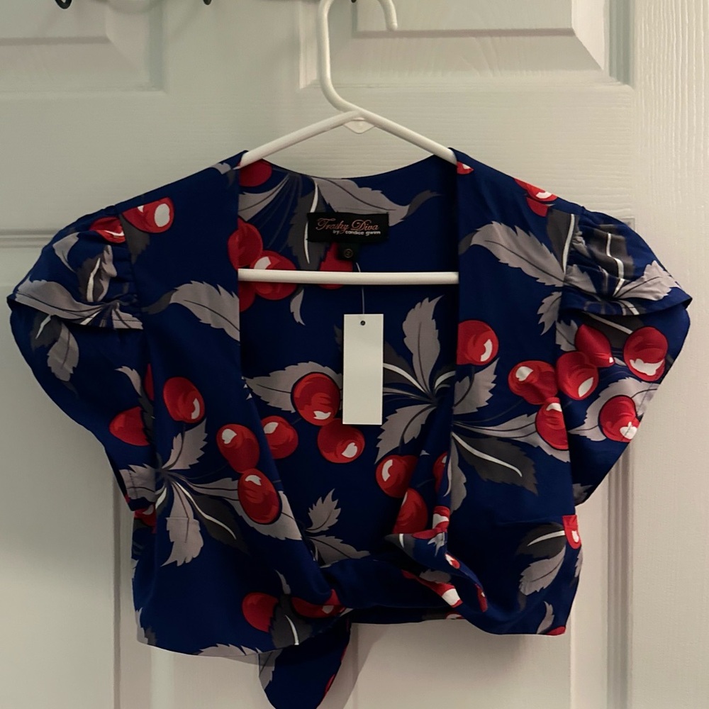 Trashy Diva Blue Cherry Print Crop Top with Red and Gray Accents